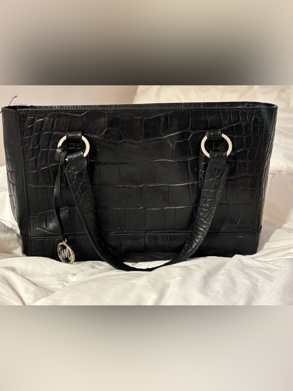 Monsac 1990s Black Croc-Embossed Leather handbag with Silver Hardware